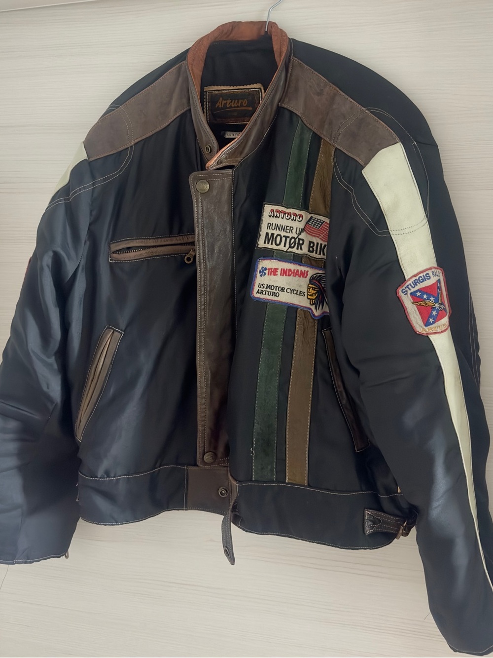 Black Leather Bomber Jacket with Multi-Stripe Accents